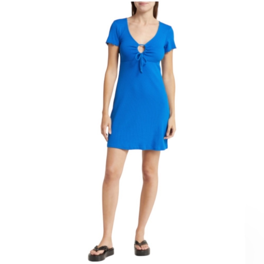 Abound Ribbed Key Hole Mini Dress with Lettuce Hem Sleeve Trendy